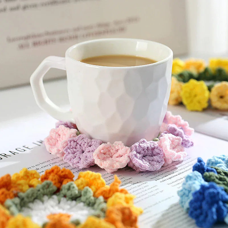 serviettes table crochet violet rose blanc fleurs relief coton polyester respectueux environnement artisanal main