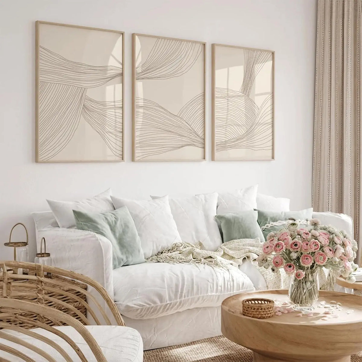 tableaux abstraits contemporains lignes ondulées beige toile sans cadre ensemble trois