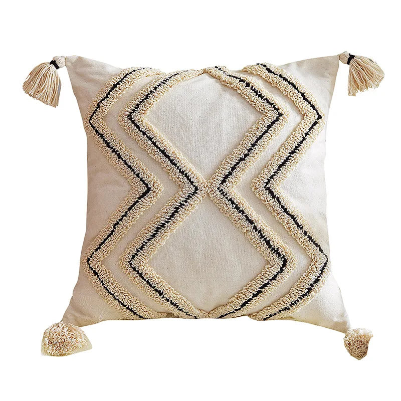coussin carré boho blanc motif géométrique noir tassel brodé anti décubitus polyester