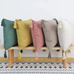 coussin carré rustique americain tassel texture tissée lavable vert jaune rose gris beige
