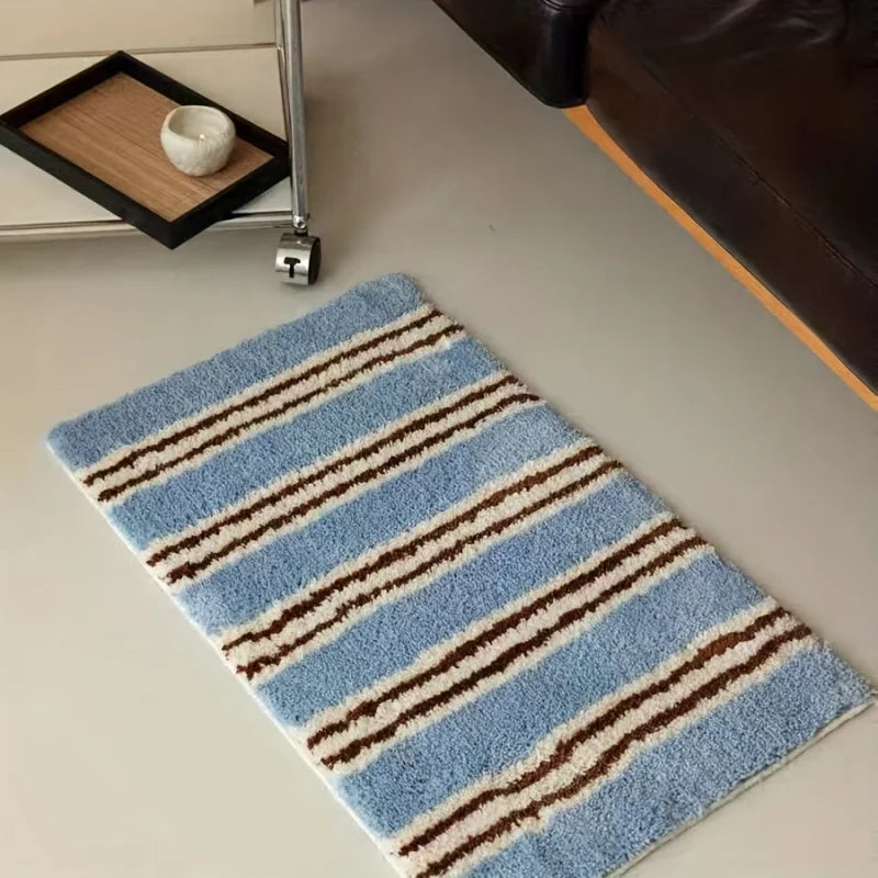tapis moderne bleu clair marron blanc rayures antidérapant polyester feutre chambre bain salon