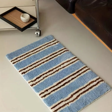 tapis moderne bleu clair marron blanc rayures antidérapant polyester feutre chambre bain salon