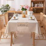nappe table rectangulaire beige clair rustique boho chic tissée motifs franges