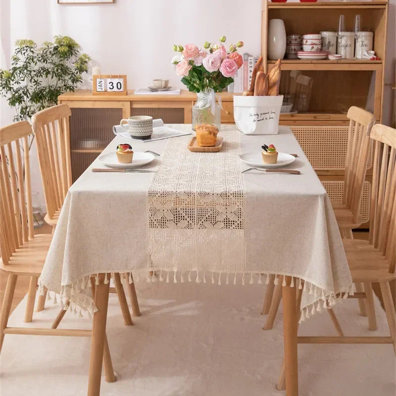nappe table rectangulaire beige clair rustique boho chic tissée motifs franges