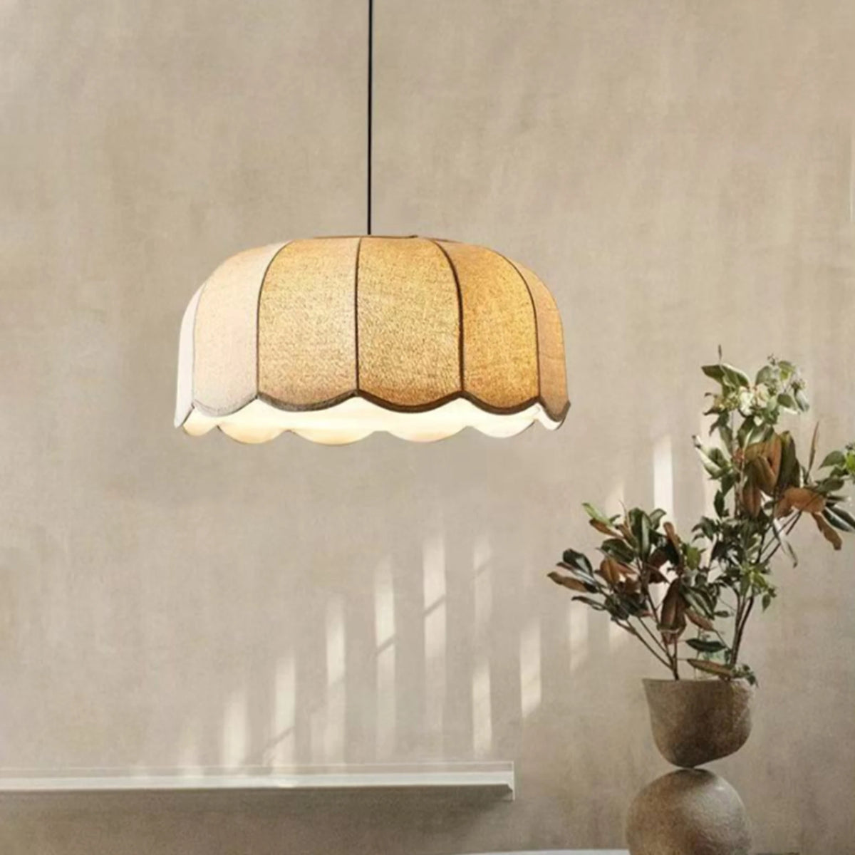 lampe suspendue tissu plissé beige blanc moderne cordon ajustable base E27 salon salle bain