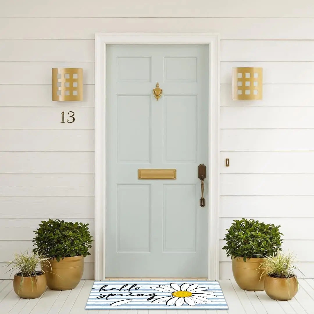tapis antidérapant moderne motif marguerite hello spring blanc bleu jaune intérieur extérieur résistant lavage