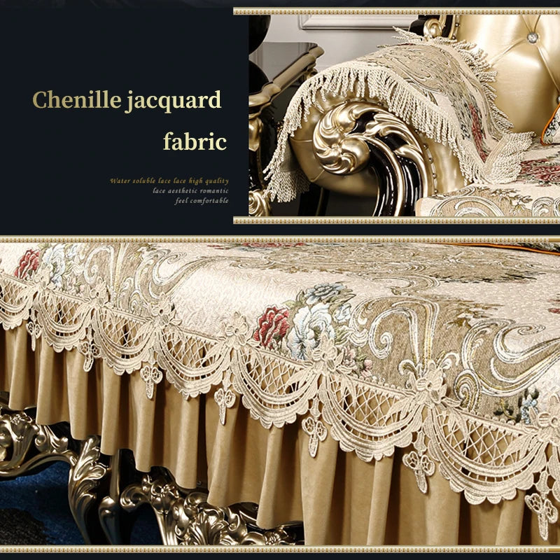 Tissu jacquard chenille orné de magnifiques motifs détaillés et de franges élégantes, offrant une texture luxueuse et un confort exceptionnel.