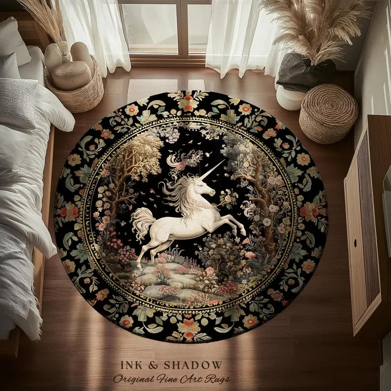 tapis rond unicorne forêt noir blanc vert rose deco moderne salon chambreextérieur