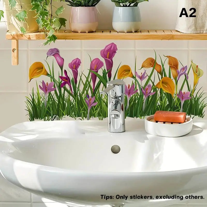 sticker mural floral adhésif décoration naturelle tulipes callas lavabo salle bain moderneversible amovible pvc