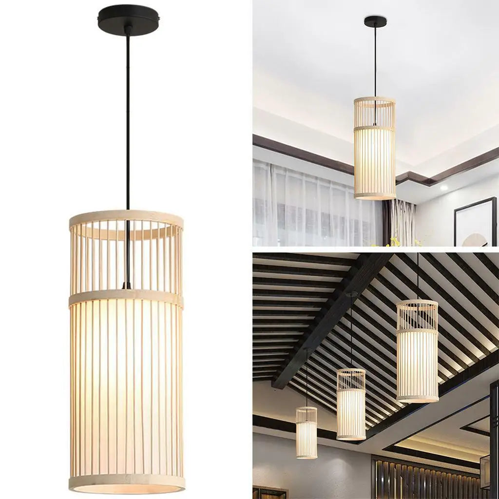 lampe suspendue moderne bambou tissé main boho rayures verticales beige noir