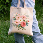 sac main toile fleurs roses blanches poignées tissu motif imprimé beige clair réutilisable respectueux