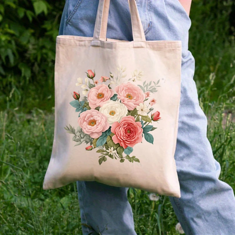 sac main toile fleurs roses blanches poignées tissu motif imprimé beige clair réutilisable respectueux