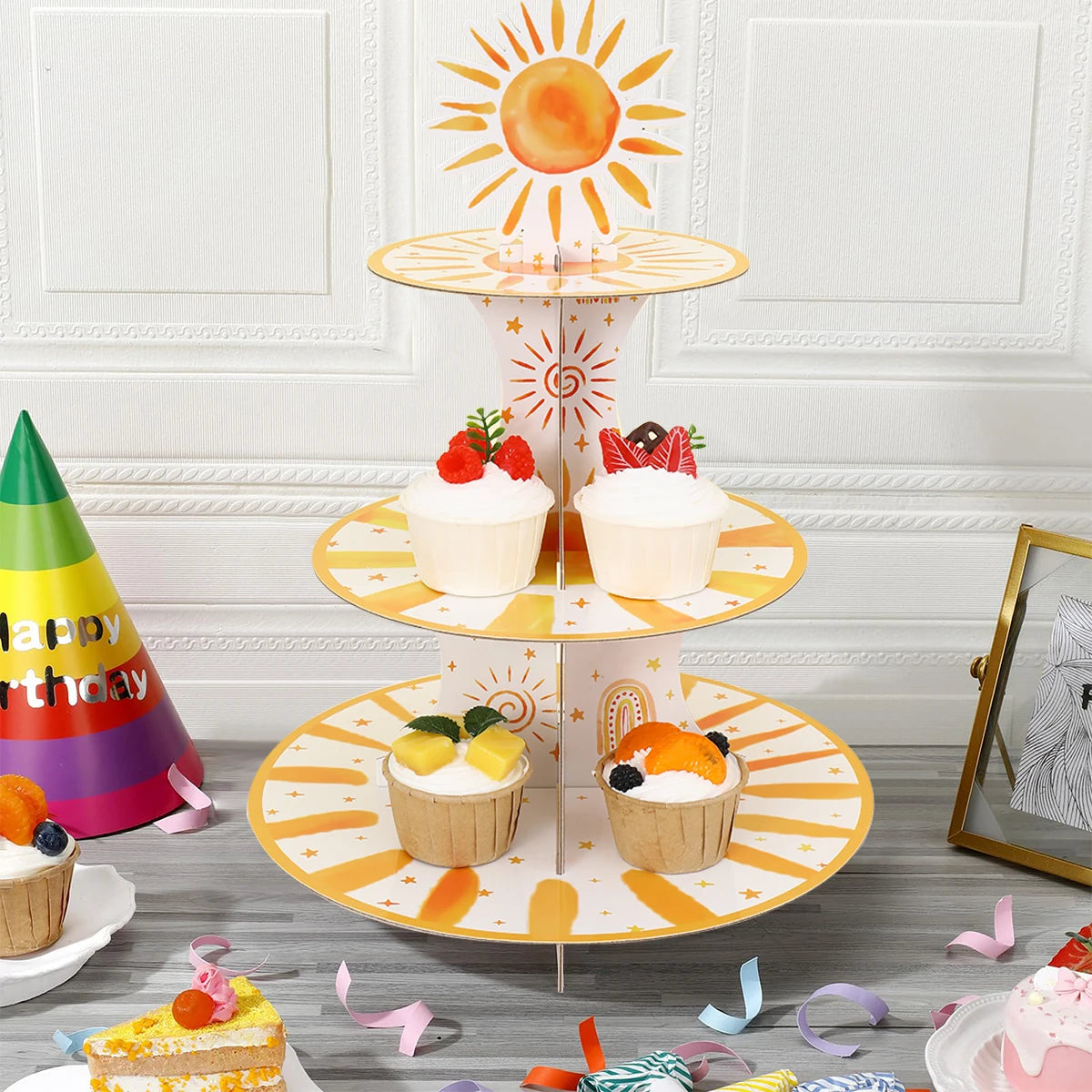 support gâteaux trois étages blanc orange motifs solaires étoiles moderne anniversaire mariage fête
