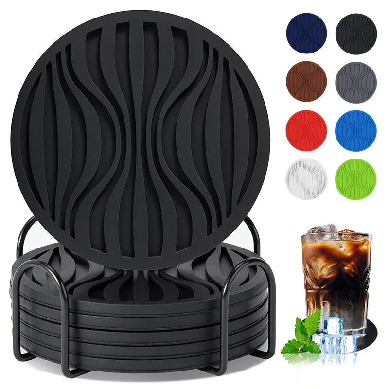 sous verres ronds silicone noir bleu vert marron rouge rayures ondulées moderne respectueux environnement