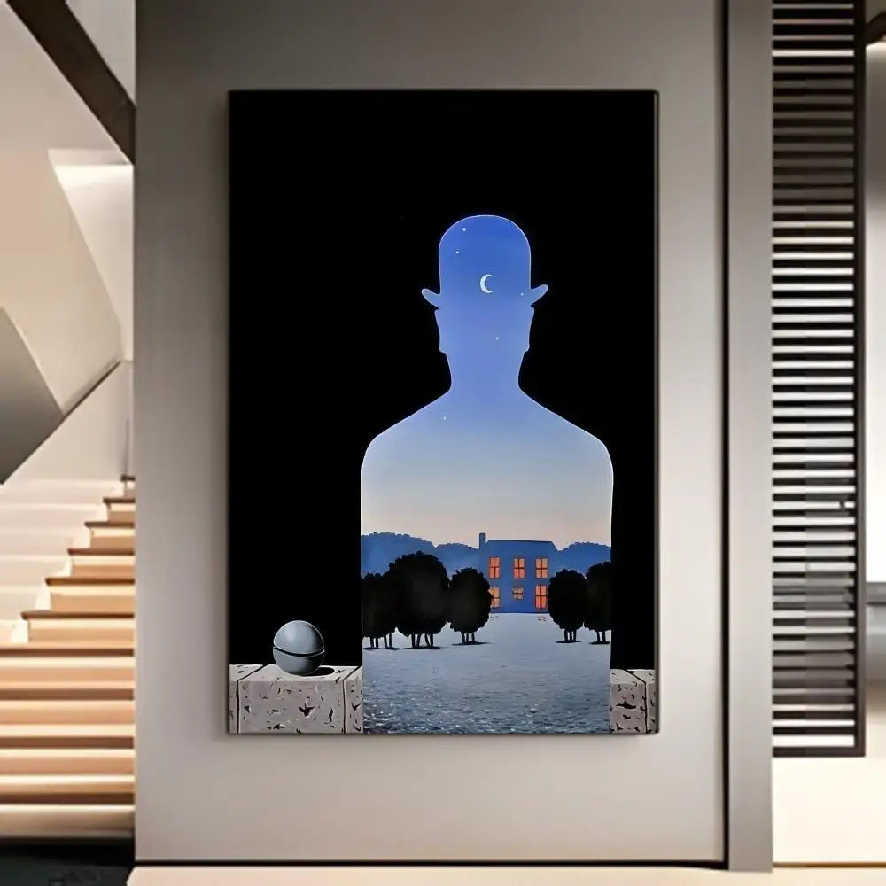 tableau moderne son of man ren magritte noir blanc gris bleu vert marron orange