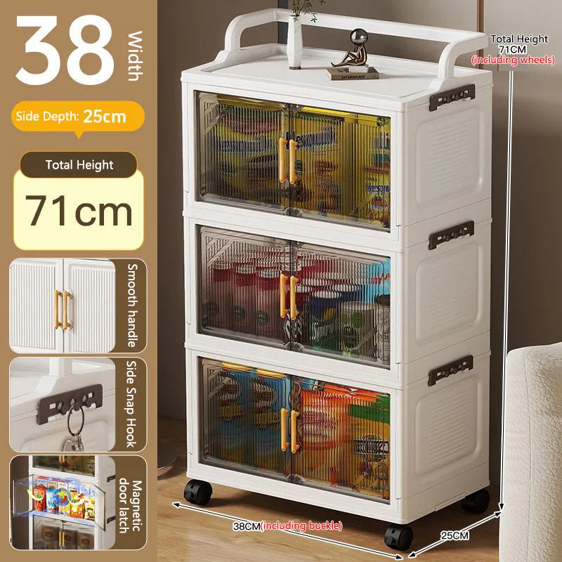 meuble rangement pliable blanc roulettes portes poignées dorées vêtements
