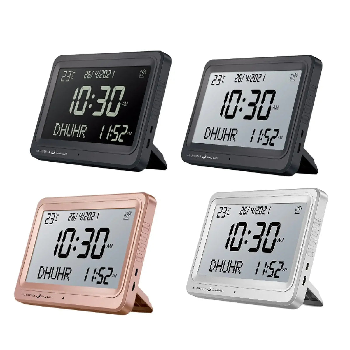 horloge numérique moderne rectangulaire noir rose doré blanc support pliable fonction répétition écran ledCALENDRIERS