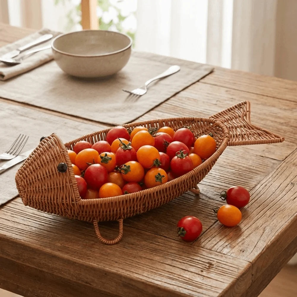 panier osier forme poisson marron clair rustique original rangement décoration poignées cordelette