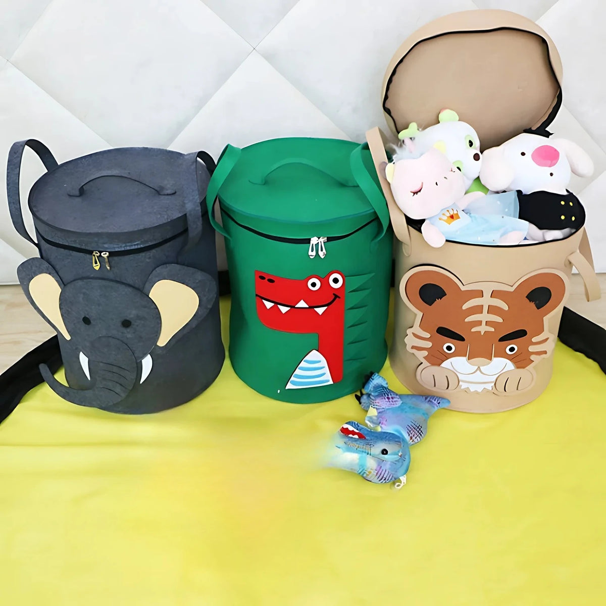 paniers rangement animaux tigre crocodile éléphant jouets gris vert beige couvercle poignées amovibles enfants