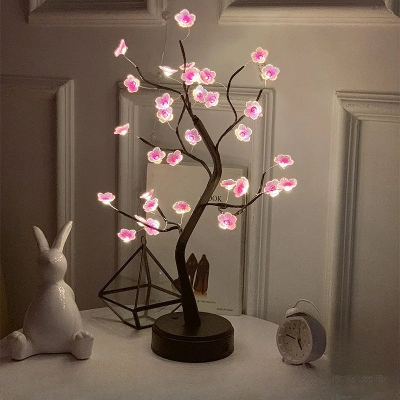 arbre lumineux decoratif feuilles dorées fleurs roses or contemporain interrupteur piles aaa interface usb