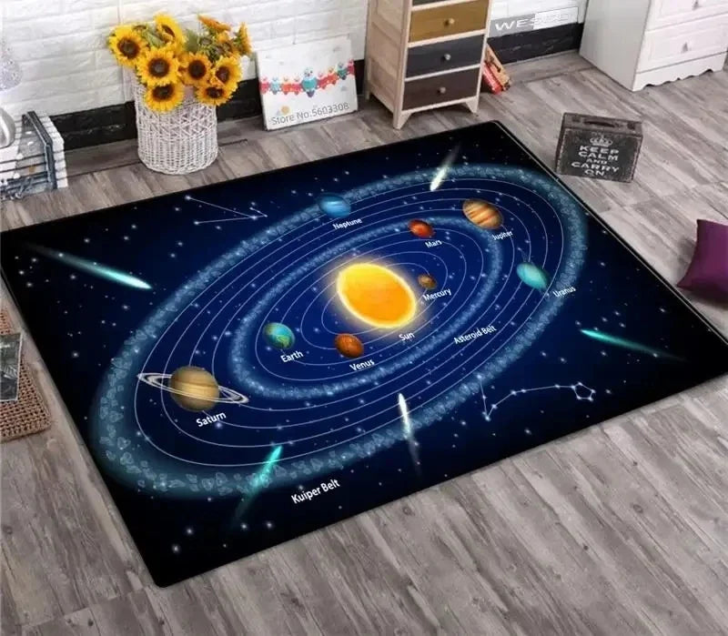 tapis moderne systèmes solaires planètes bleu foncé jaune orange gris chambre salon