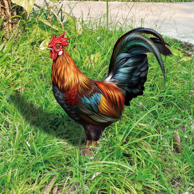 figurine coq deco jardin résistante intempéries rouge noir vert bleu plumeuses réaliste piquetextérieur patio
