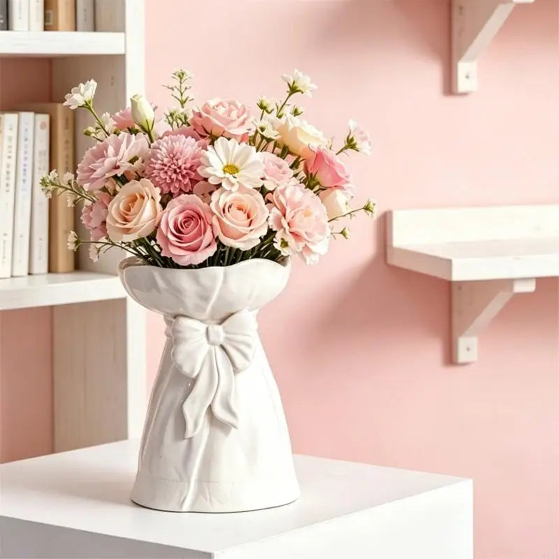 vases decoratifs blanc fleurs artificielles roses plis tissu nœud papillon romantique table salon