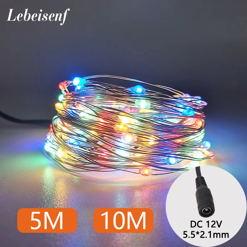 Guirlande lumineuse LED fil cuivre 12V multicolore 5M 10M 50 100 LEDs moderne