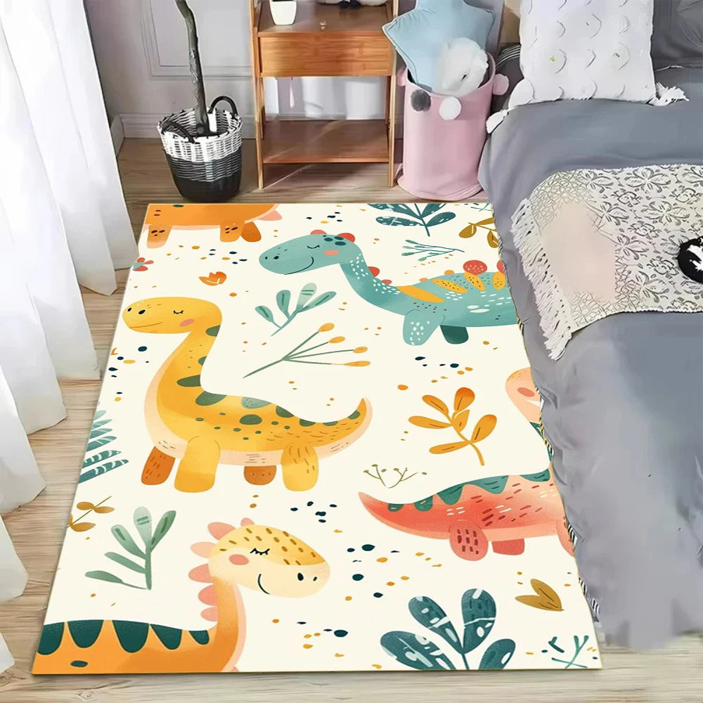 tapis moderne dinosaures mignons fleurs geometrique polypropylene polyester blanc bleu chambre salon durable