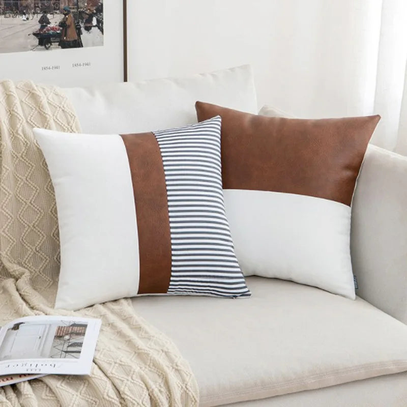 housse coussin carré moderne blanc bande marron rayures noir blanche fixations invisibles polyester coton
