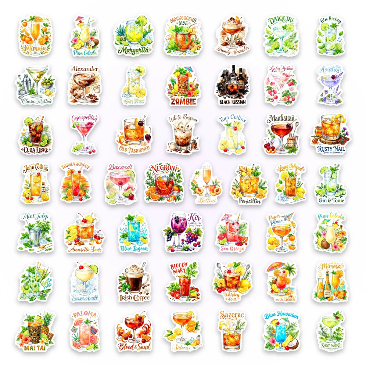 stickers cocktails multicolores illustrations aquarelle fruits herbes aromatiques bar shakers verres pack 50 adhésifs