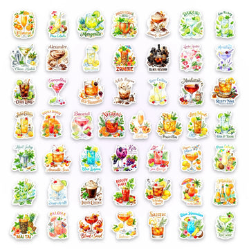 stickers cocktails multicolores illustrations aquarelle fruits herbes aromatiques bar shakers verres pack 50 adhésifs