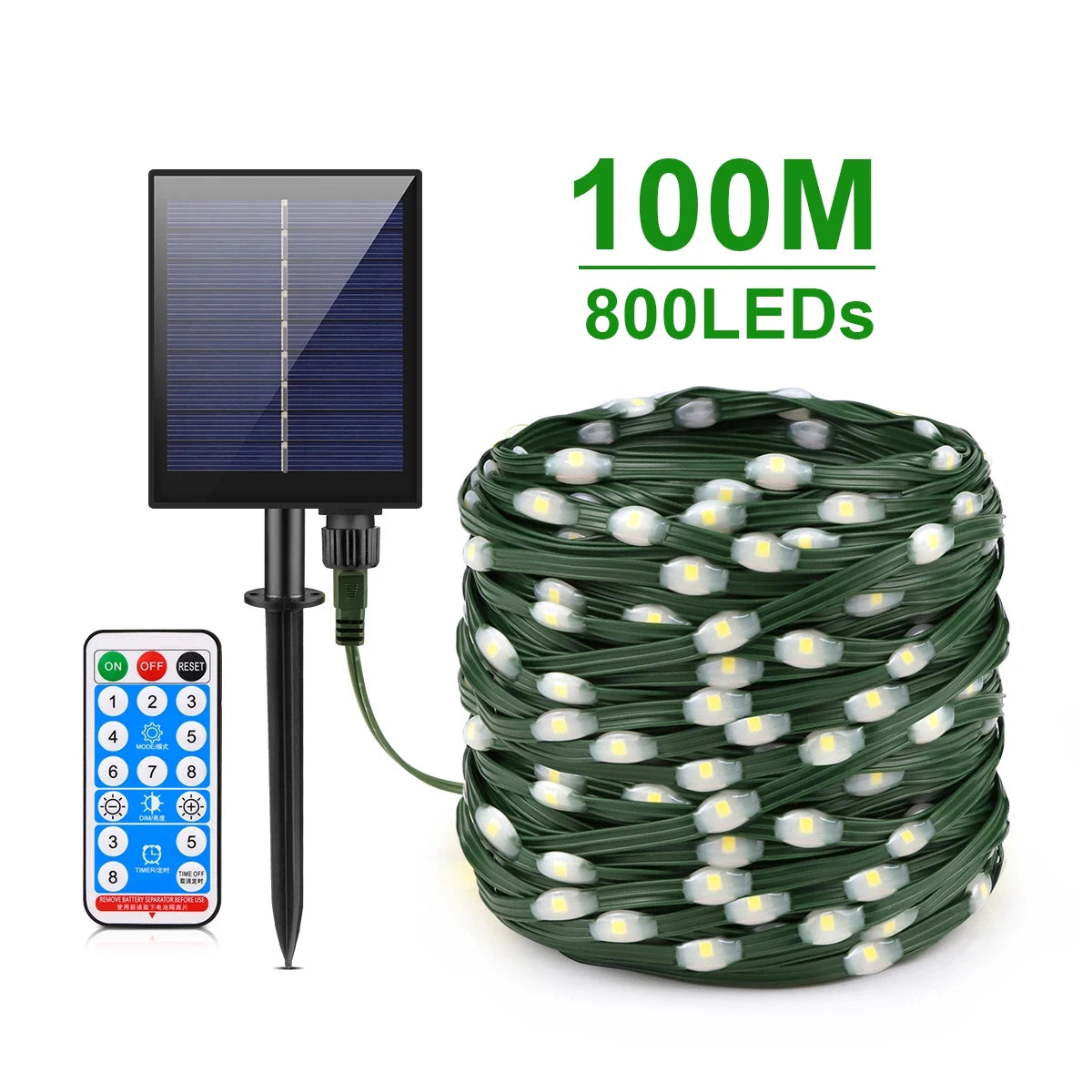 guirlande solaire led 100m 800leds ip65 ultra brillance moderne décoration extérieure jardin blanc vert