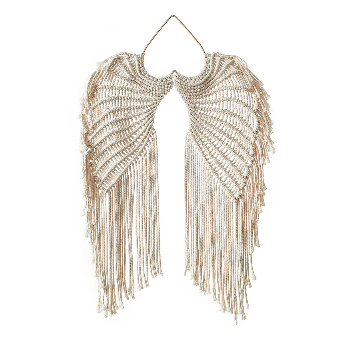 tapisserie murale ailes ange tissage macramé franges boho beige clair crochets métalliques deco artisanale