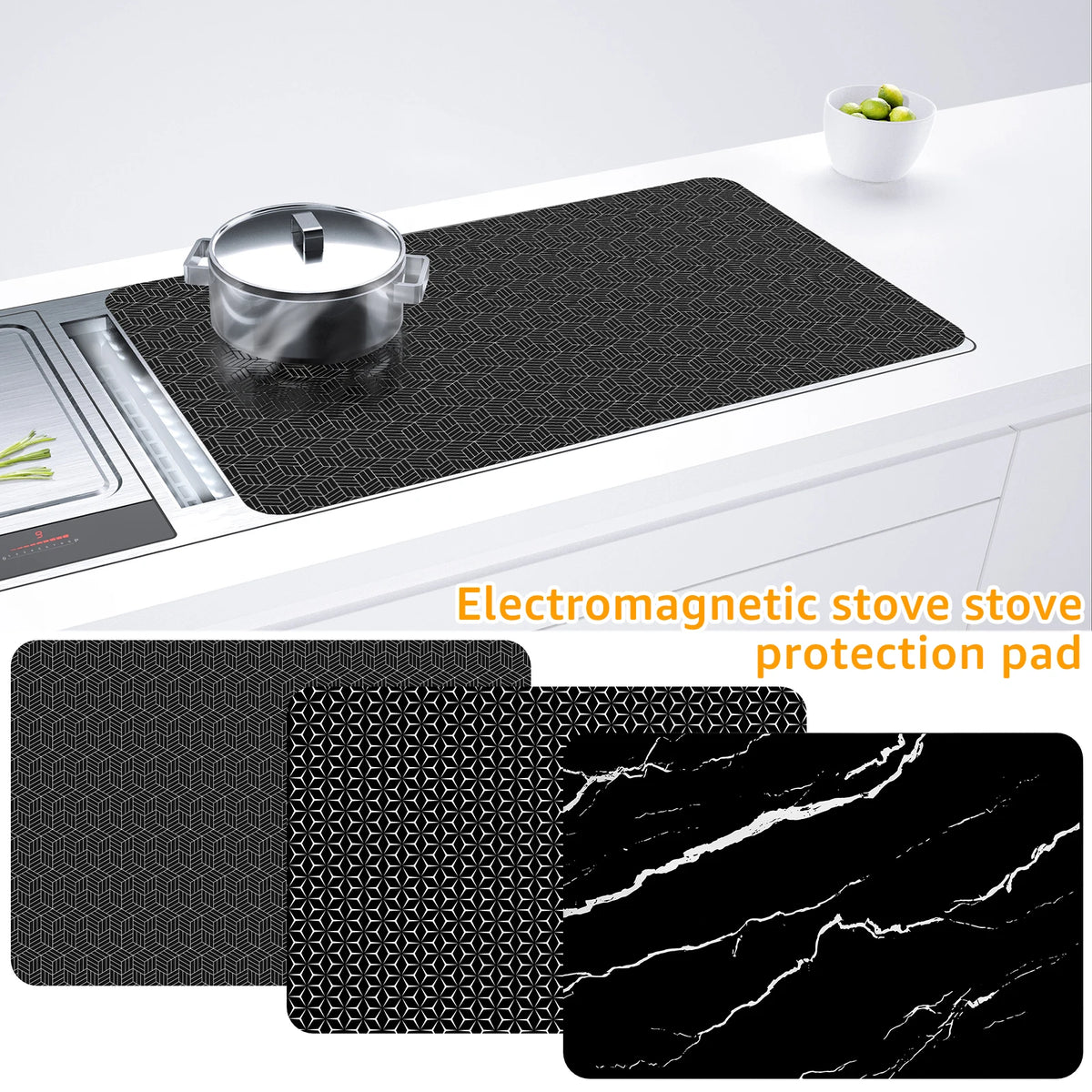 tapis protection plaque cuisson induction silicone moderne antidérapant noir geométrique marbre respectueux environnement
