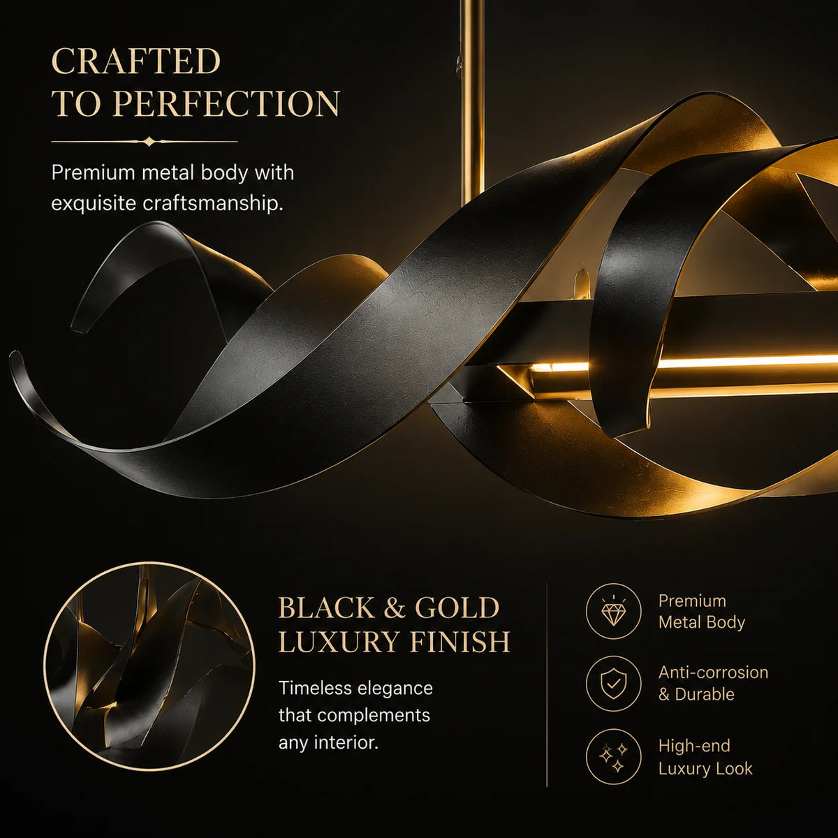 lampe suspendue moderne élégante noir doré sculptural finition métallique luxueuse 120cm adjustable