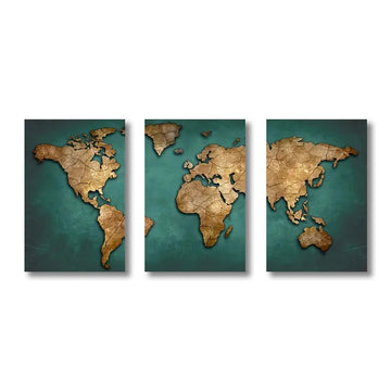 affiches carte monde moderne artistique relief brillant toile sans cadre vert doré 21x30cm 40x60cm