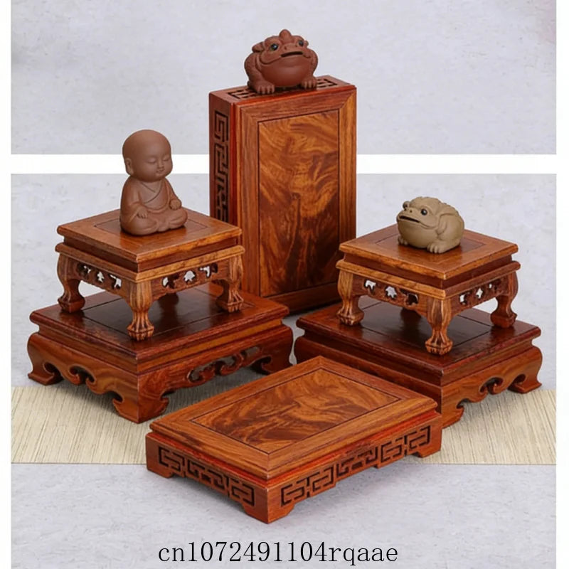 support décoratif bois marron motifs sculptés classique traditionnel théières figurines bonsaïs decoration intérieure