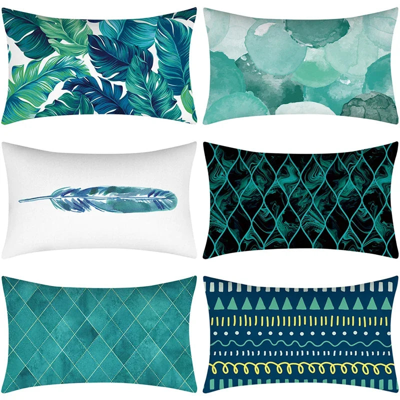 coussin rectangulaire vert feuilles tropicales motifs géométriques moderne oreillettes polyester 30x50cm
