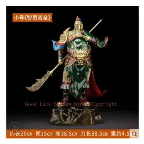 statue guerrier chinois or armure détaillée barbe cheveux longs traditionnel or vert rouge bleuargent