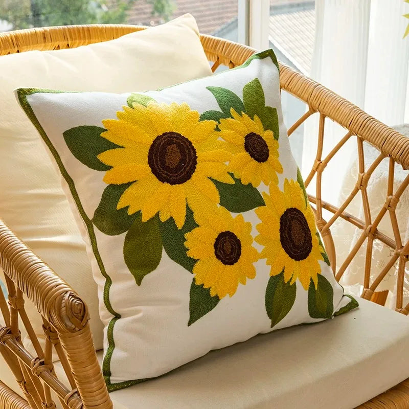 coussin brodé tournesol blanc rustique maison lit 45x45cm polyester coton respectueux environnement garden decoration