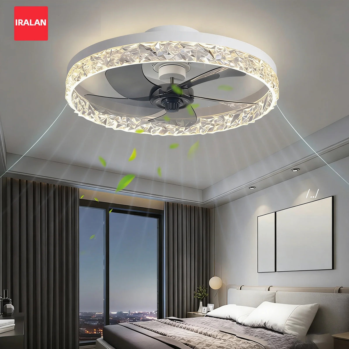 ventilateur plafonnier moderne lumière led multiple vitesses silencieux timer cristal blanc noir vert
