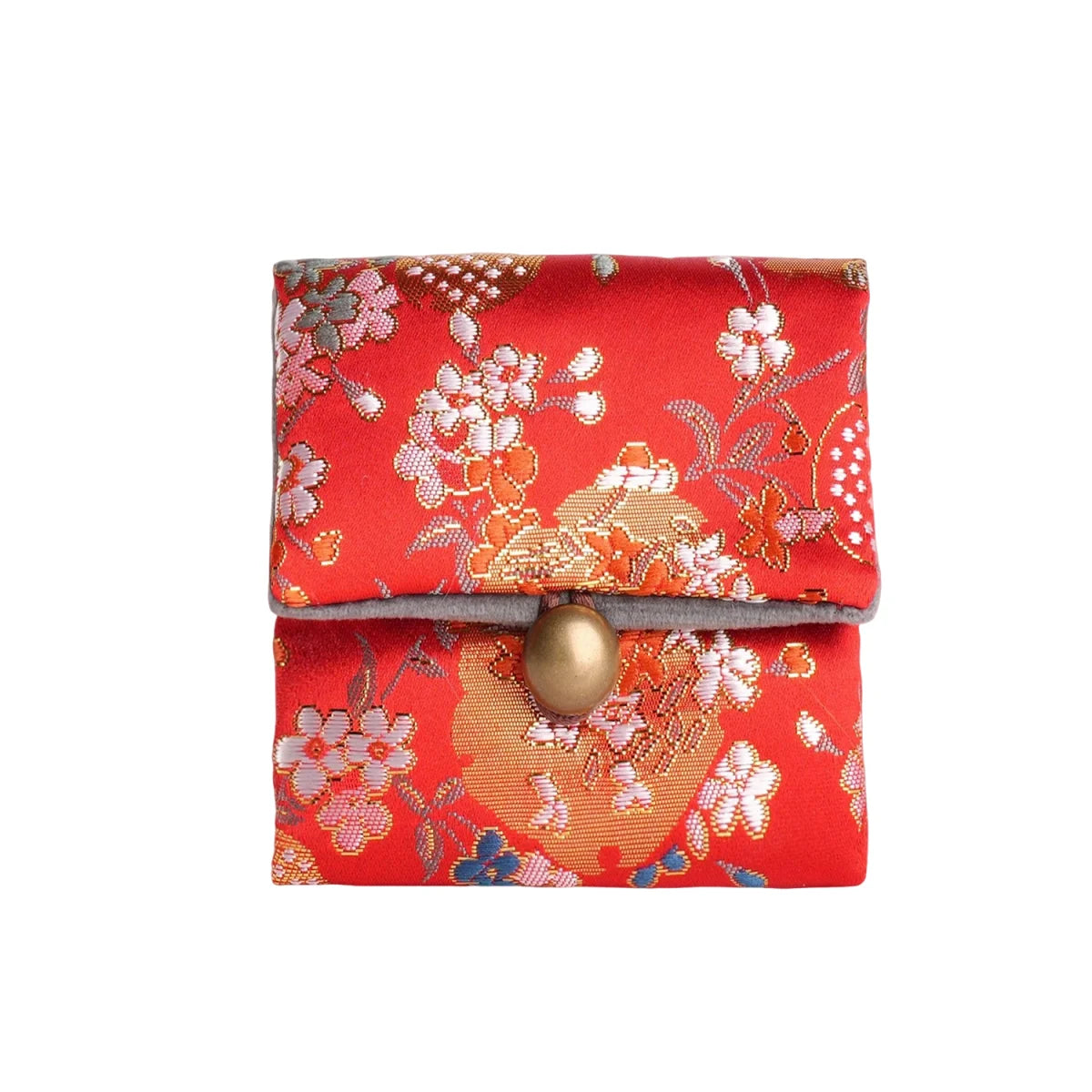 porte bijoux réutilisable tissu polyester fleurs motif floral bouton doré violet noir rouge vert