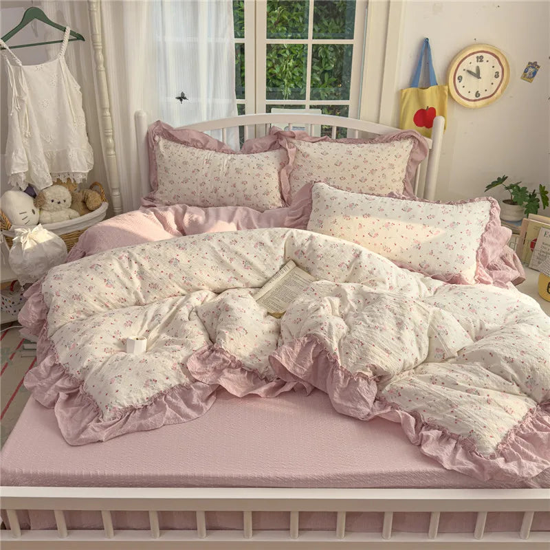 ensemble literie princesse housse couette drap taies oreiller fleurs roses romantique doux