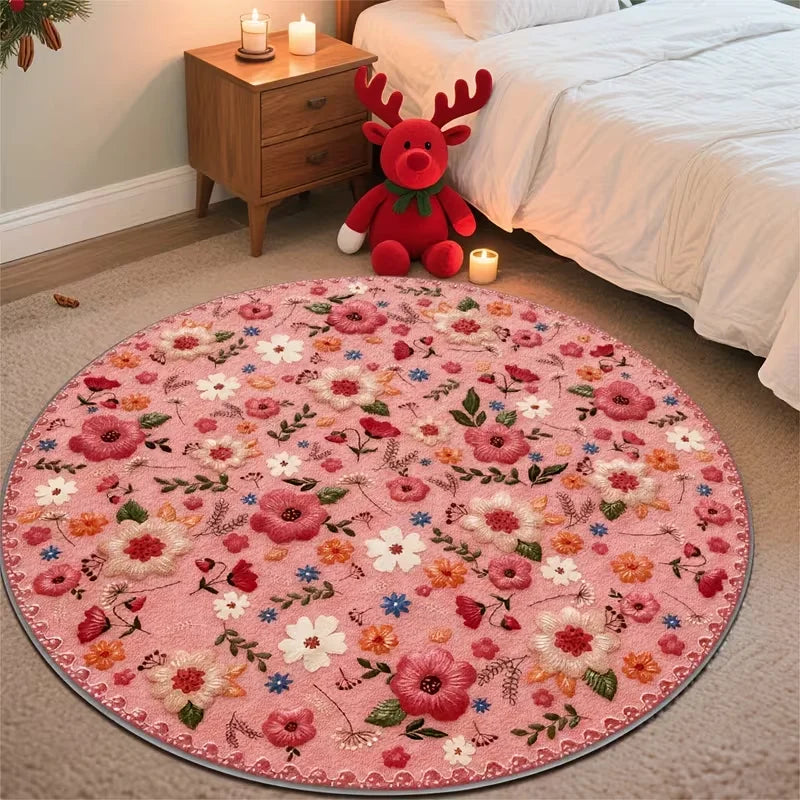 tapis rond moderne fleurs colorées rose clair blanc salon chambre coucher extérieur lavable machine