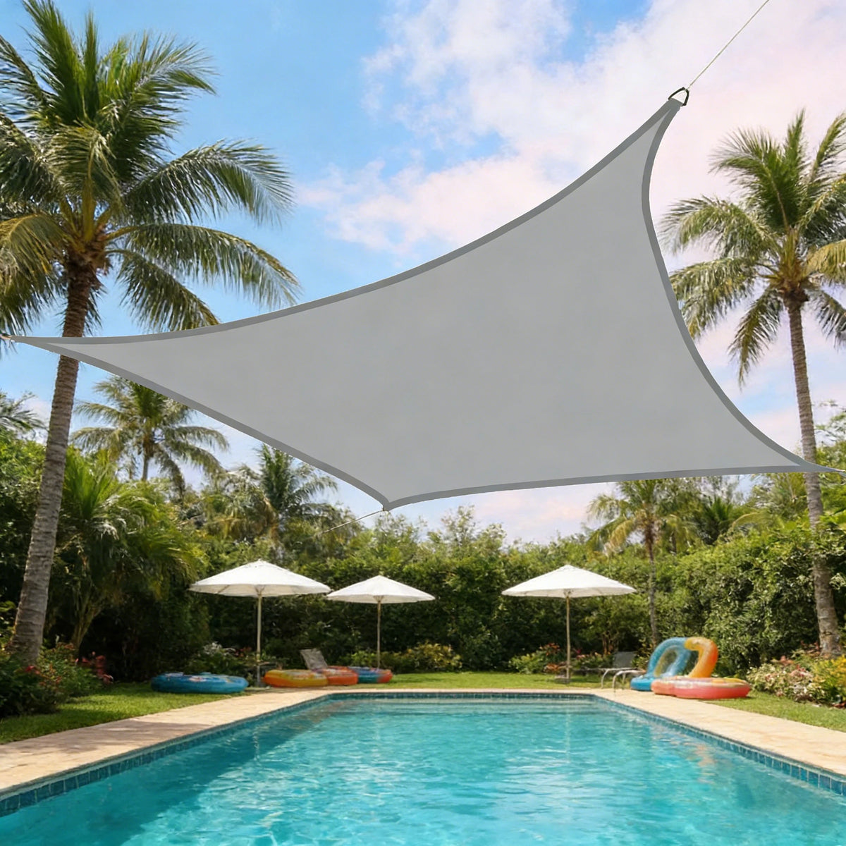 tonnelle gris clair moderne résistante uv imperméable fixée cable patio jardin opacité