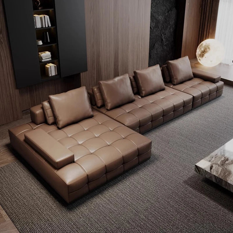 grand canapé angle cuir marron moderne coussins salon appartement luxe