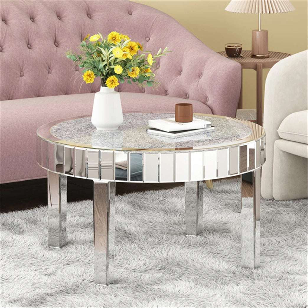 table basse ronde transparente strass argentée moderne chic pieds solides
