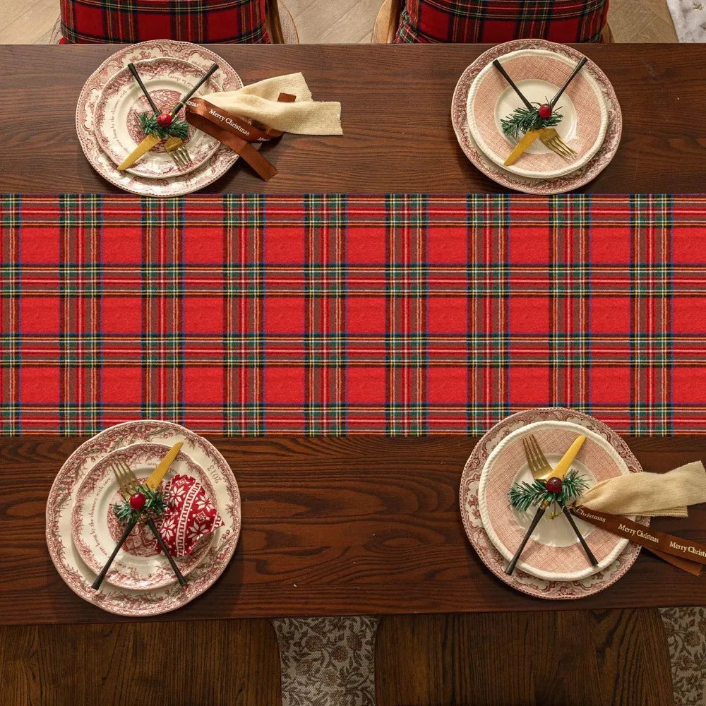 tableau chemin table carreaux écossais rouge noir vert polyester coton classique multiple tailles restaurants
