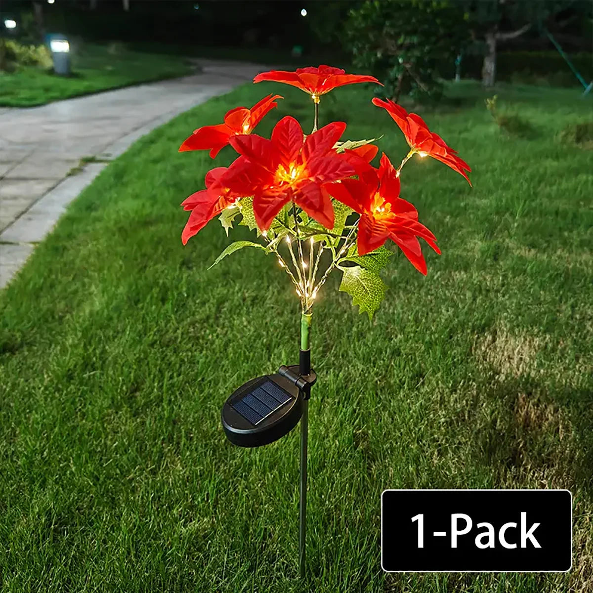 fleurs artificielles lumineuses rouge vif solaires modernes feuilles vertes extérieur jardins noël